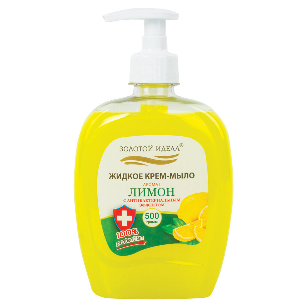 Мыло-крем жидкое 500 г золотой идеал "Лимон", с антибактериальным эффектом, дозатор, 606786 упаковка 12 шт.