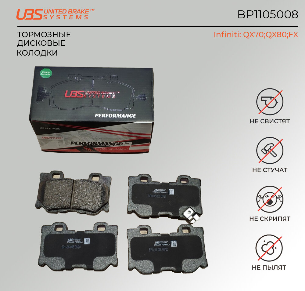 UBS BP1105008 Премиум тормозные колодки Infiniti QX70 13 / QX80 13 / FX 08 задние, в комплекте со смазкой (5г) компл. 4 шт.