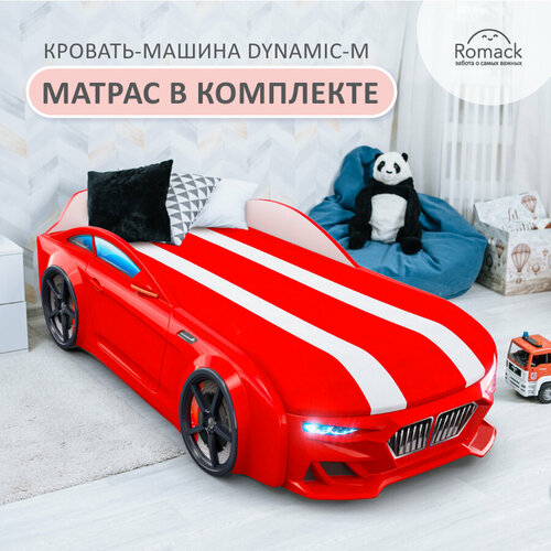 Кровать детская Romack Dynamic-M красная 80*200 с подсветкой фар, подъемным механизмом, ящиком для белья, матрас 80*200 см