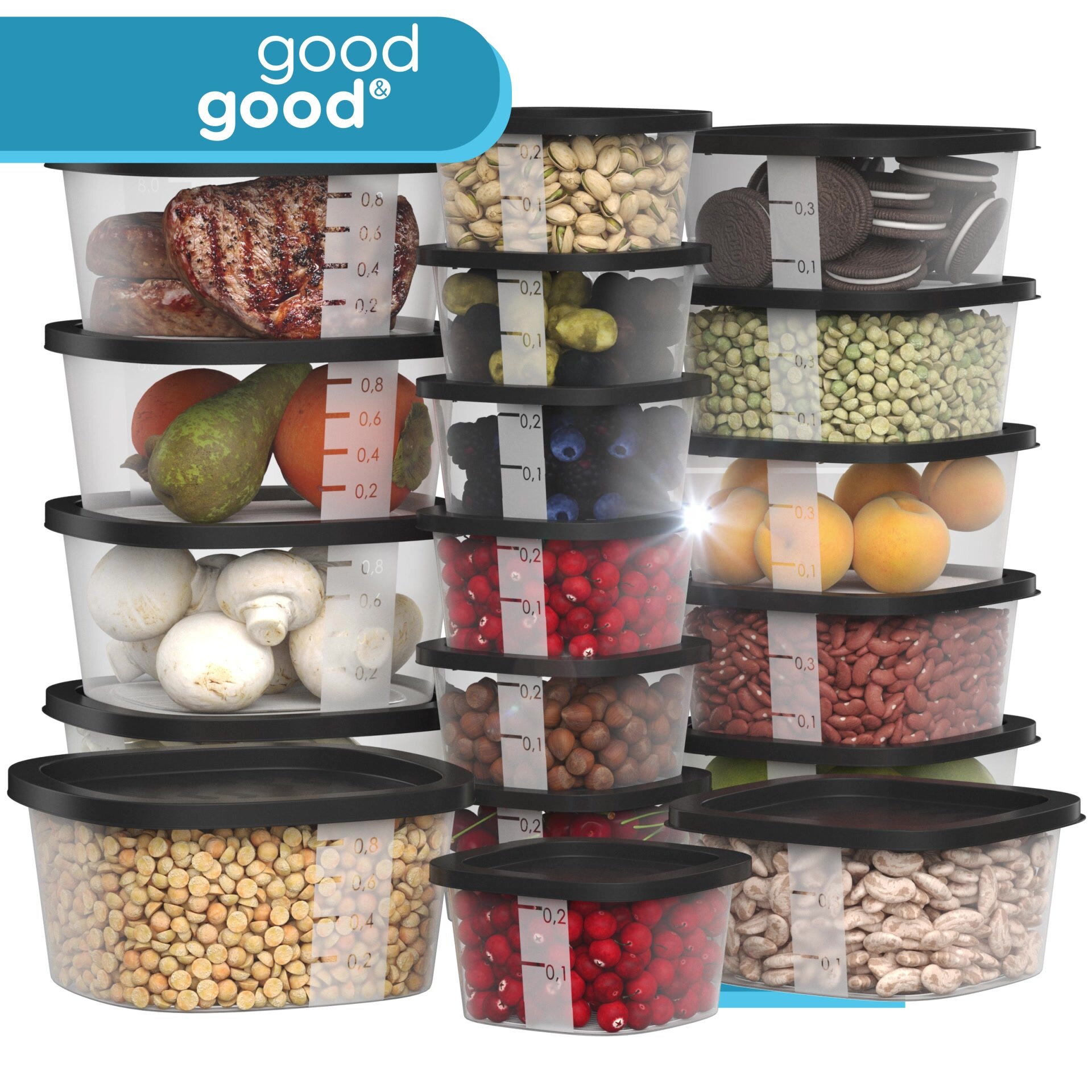 Контейнер для еды и хранения продуктов 18 шт good&good 0,9л - 5 шт, 0,5л - 6 шт, 0,23л - 7 шт, черные крышки — фото 1