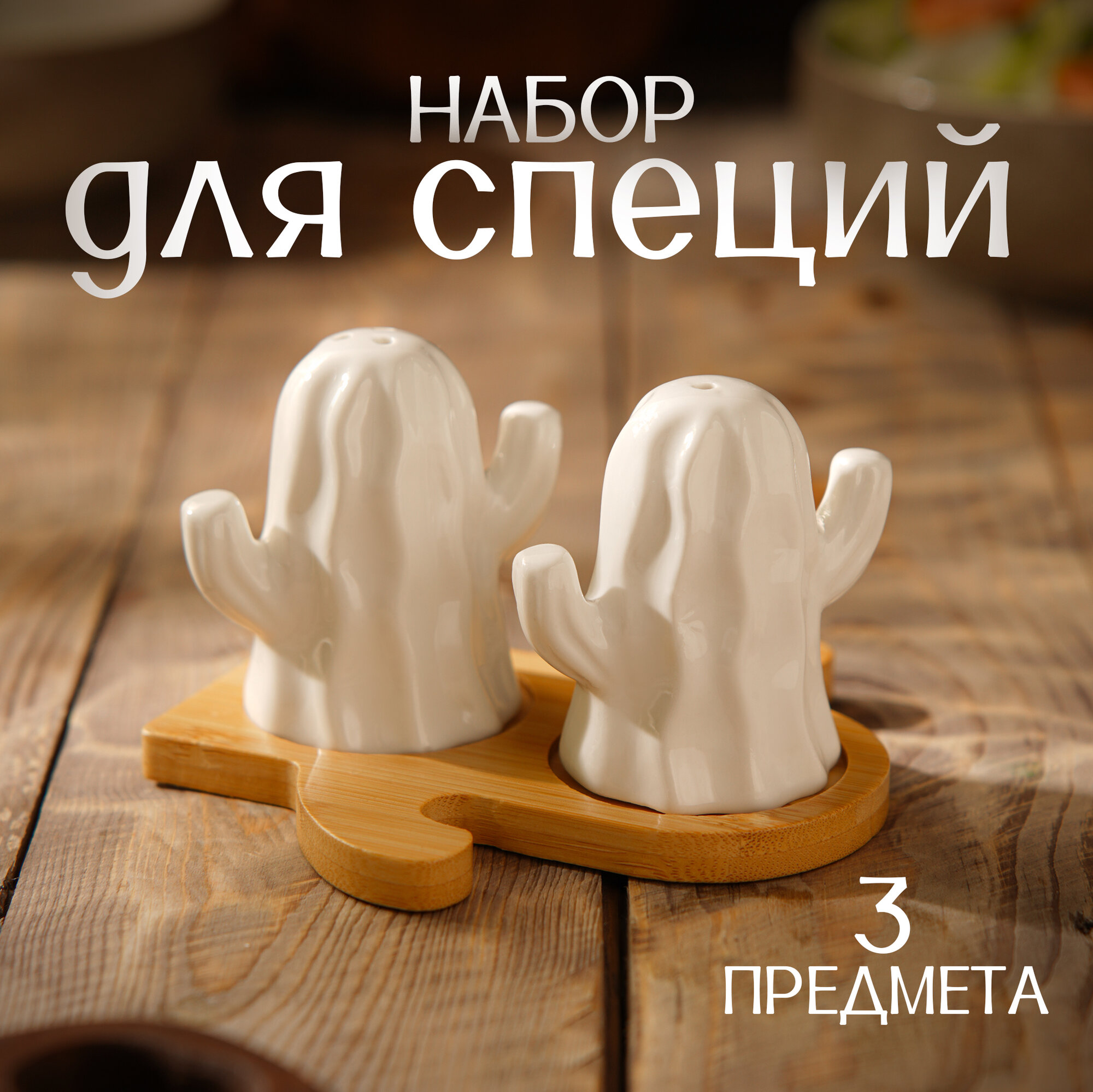 Набор для специй фарфоровый на деревянной подставке BellaTenero «Кактусы»