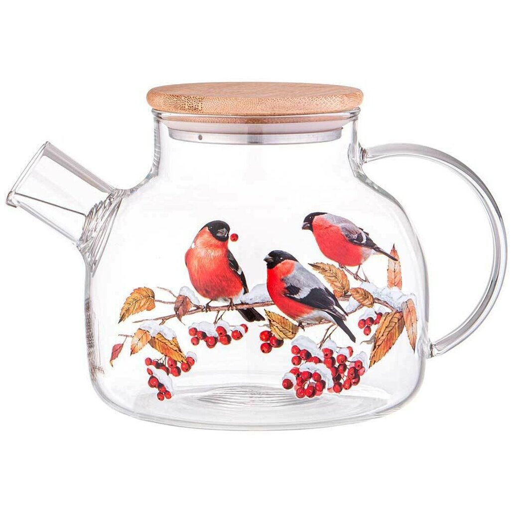 Чайник заварочный 1л «Снегири» с бамбуковой крышкой прозрачный и элегантный