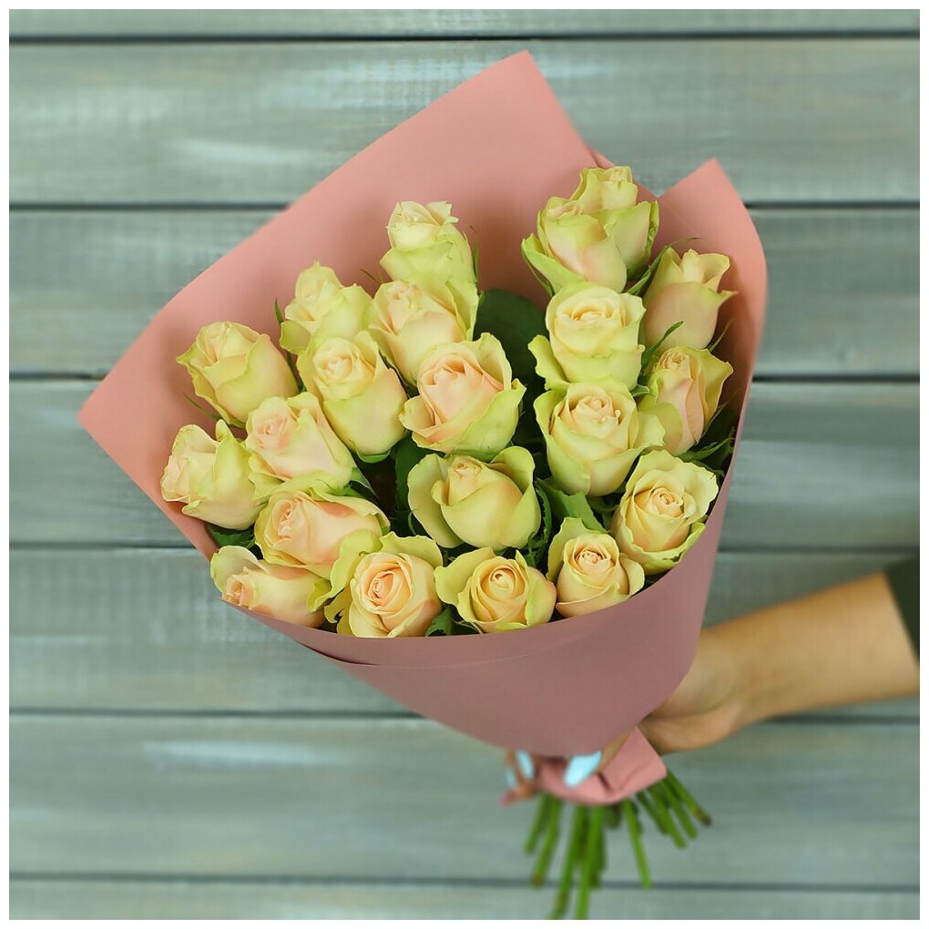 Букет из живых цветов 21 зелено-розовой розы в упаковке 40см