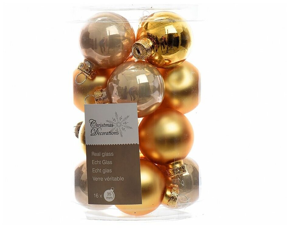 Набор стеклянных шаров Коллекция золотистая вуаль, глянцевые, матовые и эмаль, 35 мм, 16 шт, Winter Deco