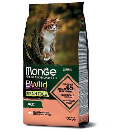 Monge Cat BWild GRAIN FREE беззерновой корм из лосося и гороха для взрослых кошек 1,5 кг