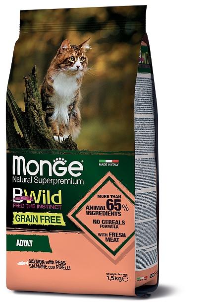 Monge Cat BWild GRAIN FREE беззерновой корм из лосося и гороха для взрослых кошек 1,5 кг