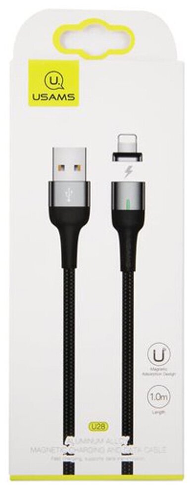 Дата кабель USB - Lightning USAMS US-SJ326 U28, 2.4A (1 м) с индикатором, магнитный, нейлоновая оплетка/Провод USB - Lightning/Кабель USB - Lightning разъем/Зарядный кабель серый (SJ326USB03)