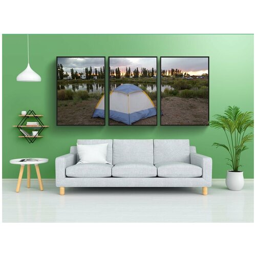 фото Набор модулных постеров для интерьера "палатка, заход солнца, озеро" 60x90 см. в тубусе, без рамки lotsprints