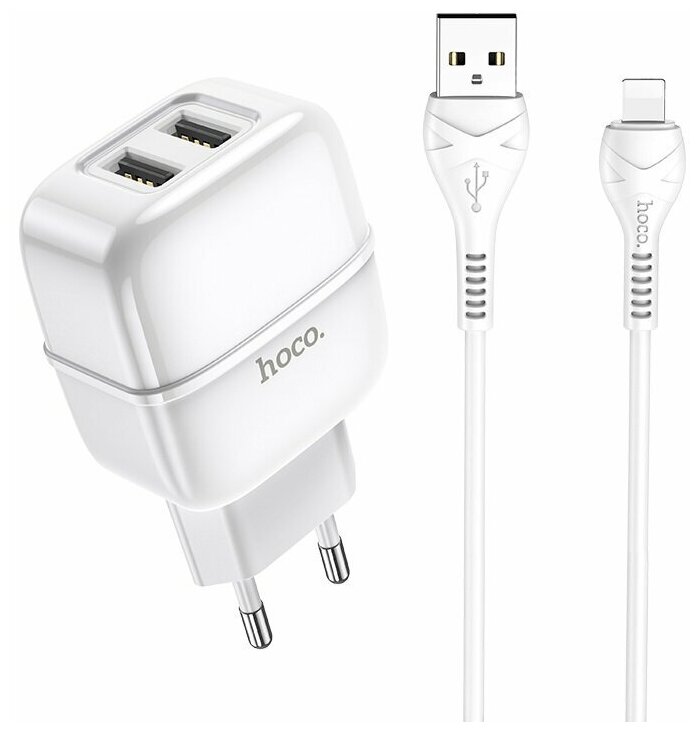 Блок питания сетевой 2 USB HOCO, C77A, Highway, 2400mAh, пластик, кабель Apple 8 pin, цвет белый