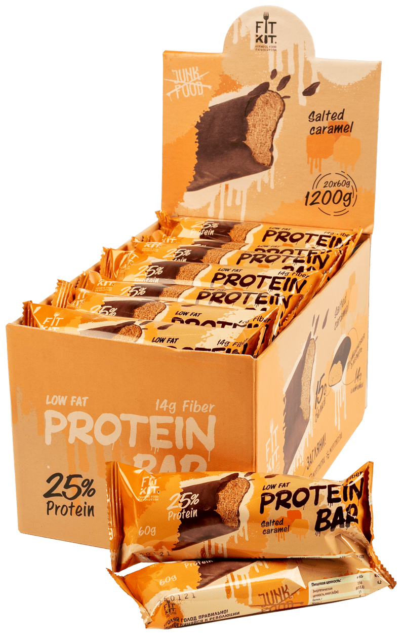 Fit Kit Протеиновый батончик без сахара Protein BAR, упаковка 20шт по 60г (Соленая карамель)