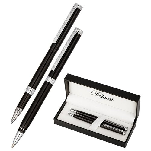 Набор Delucci Classico: ручка шарик, 1мм и ручка-роллер, 0,6мм, синие, корпус черный, подарочная упаковка