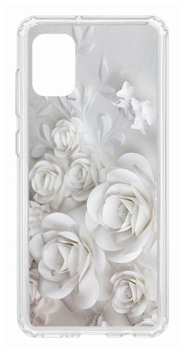 Чехол для Samsung Galaxy A31 Kruche Print White roses, пластиковая накладка, силиконовый бампер с защитой камеры, защитный прозрачный кейс с рисунком