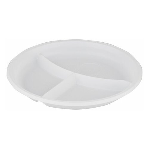 фото Одноразовые тарелки плоские, 3 секции, комплект 100 шт., d =205 мм, эконом, белые, пс, стиролпласт 605074