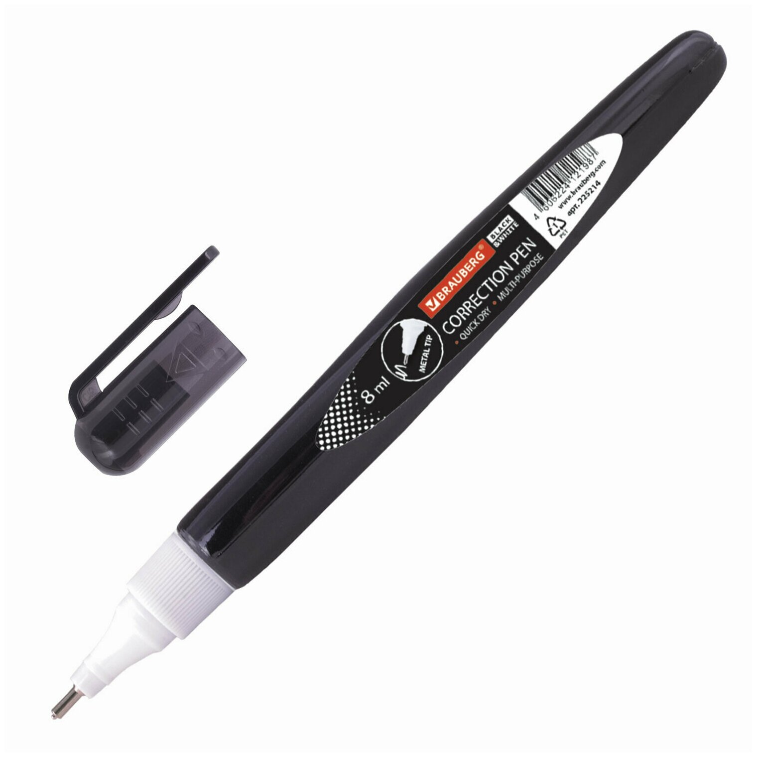Ручка-корректор Brauberg 8 мл, металлический наконечник, черный корпус, 1 шт (225214)