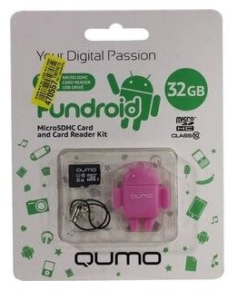 Qumo (30705) Fundroid MicroSD 32GB CL 10 + USB картридер , розовый .