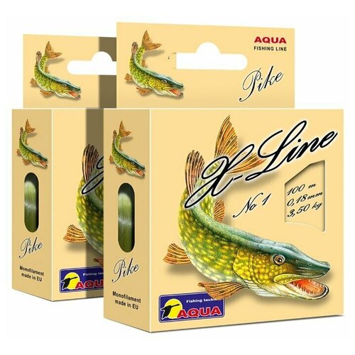 фото Леска aqua x-line pike (щука) 0,18mm 100m, цвет - оливковый, test - 3,50kg (набор 2 шт)