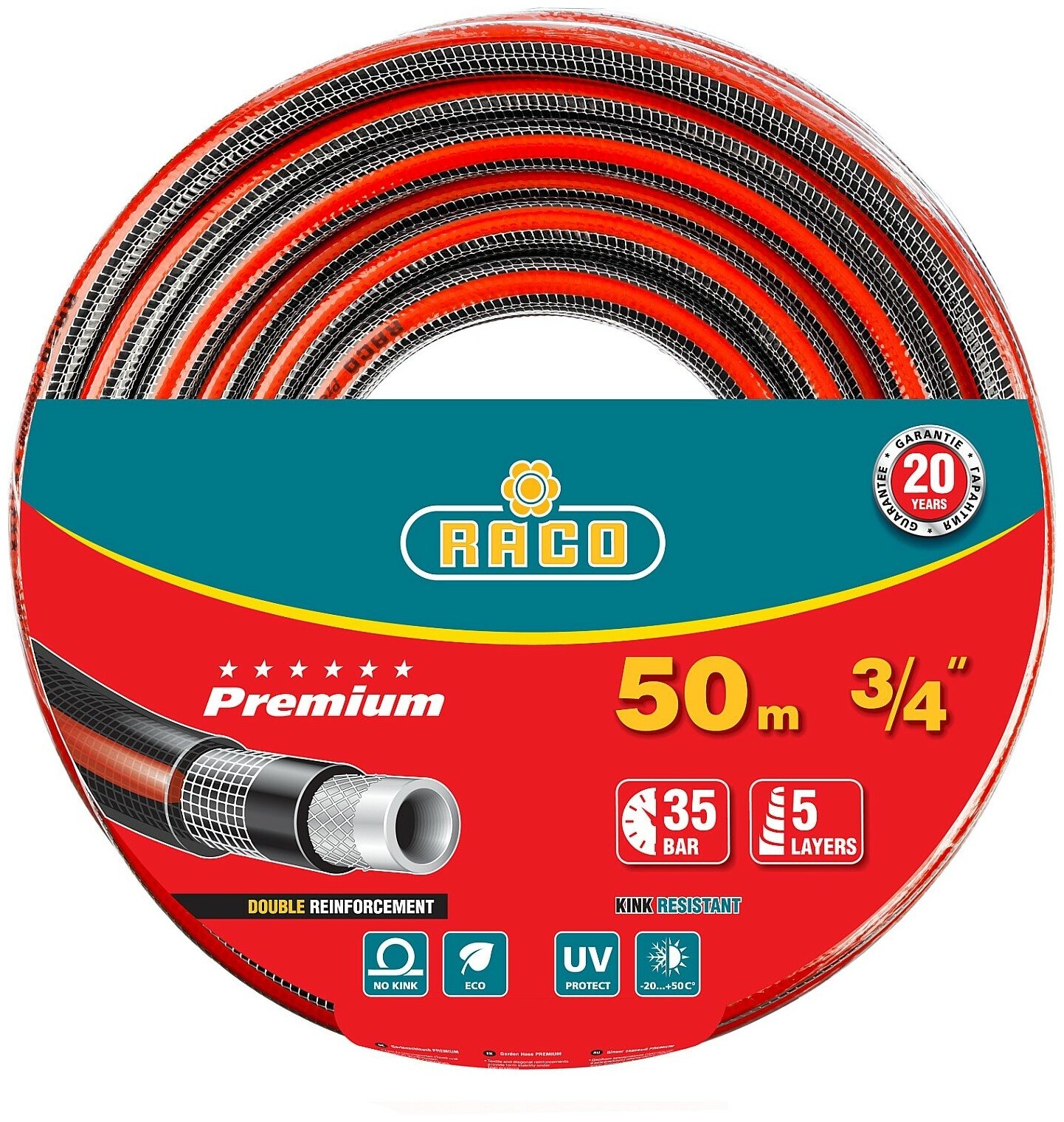 RACO PREMIUM, 3/4″, 50 м, 35 атм, пятислойный, усиленный двумя слоями армирования, поливочный шланг (40300-3/4-50)