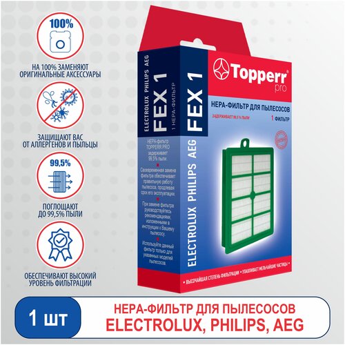 Topperr HEPA-фильтр FEX 1, белый-зеленый, 1 шт. фильтр для пылесоса hepa electrolux philips bork vc0936w