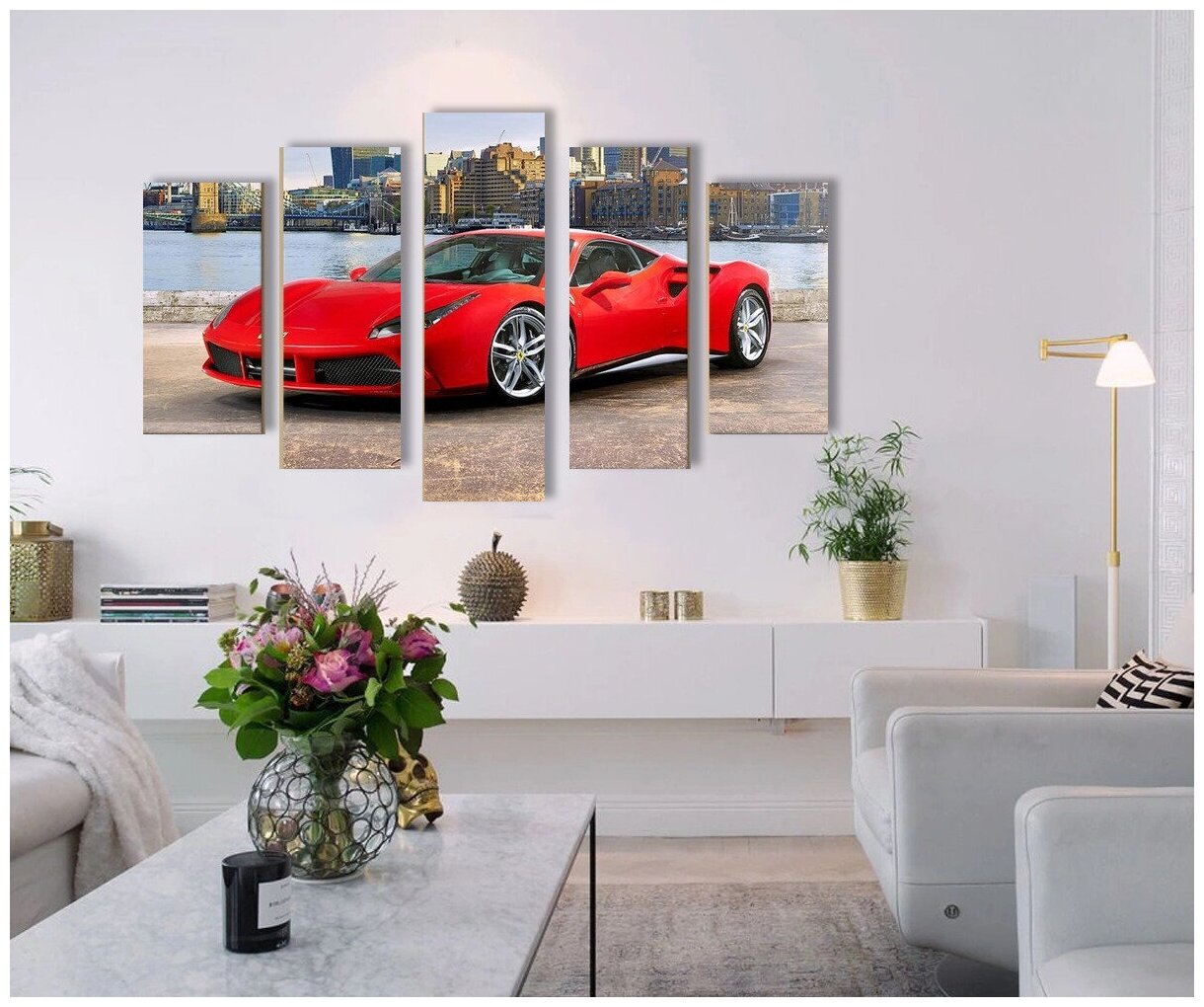 Картина модульная большая на стену, интерьерная, на холсте, готовая, в спальню, в гостиную, Красный спорткар, 140х80см