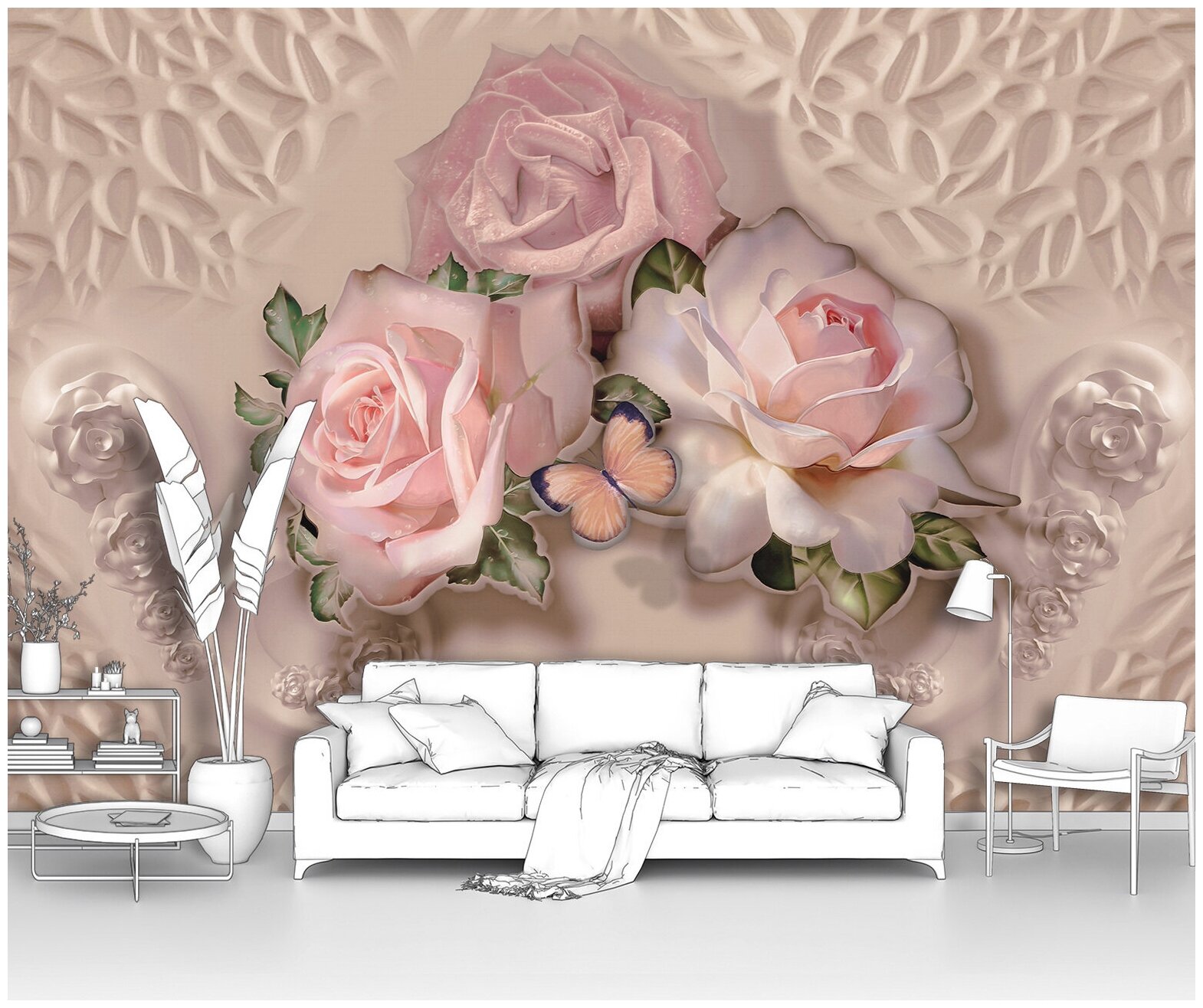 Фотообои на стену первое ателье "Три розовые розы с бабочкой" 200х130 см (ШхВ), флизелиновые Premium - фотография № 1