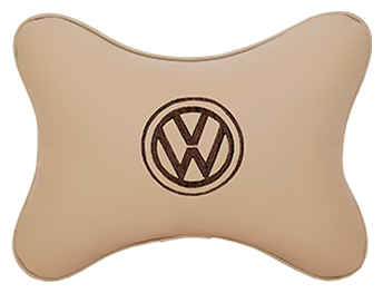 Автомобильная подушка на подголовник экокожа Beige (коричневый) с логотипом автомобиля Volkswagen