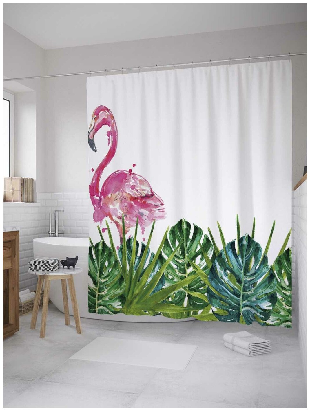 Штора водоотталкивающая для ванной, занавеска в ванную комнату тканевая JoyArty "Фламинго в тропиках", 180х200 см