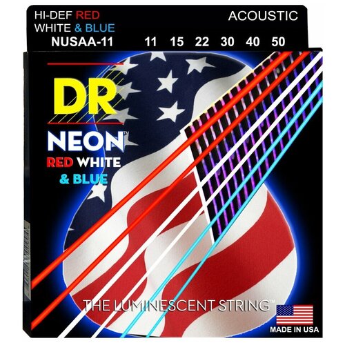 DR NUSAA-11 HI-DEF NEON™ струны для акустической гитары, с люминесцентным покрытием, в палитре цветов американского флага 11 - 50 струны для акустических гитар dr noa 12