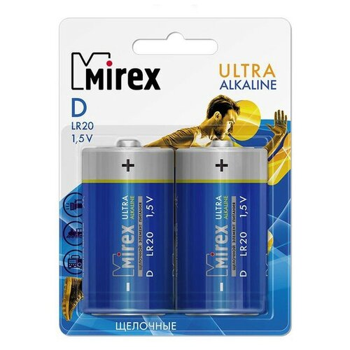 Батарейка алкалиновая Mirex, D, LR20-2BL, 1.5В, блистер, 2 шт. duracell lr20 2bl new 2 20 3300