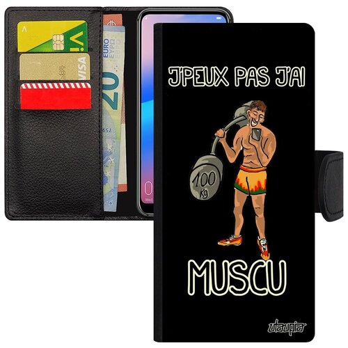 фото Противоударный чехол-книжка на смартфон // galaxy a12 // "не могу - у меня бодибилдинг!" рисунок комикс, utaupia, серый