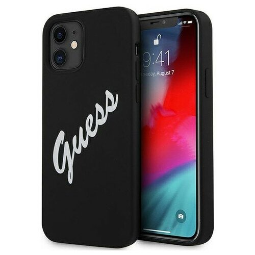 фото Чехол guess liquid silicone script logo для iphone 12 mini, черный/белый