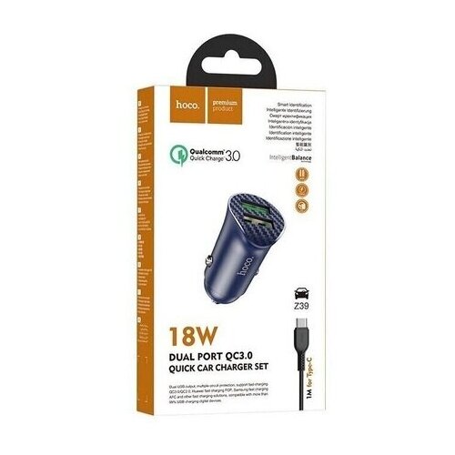 АЗУ Type-C на 2 USB 3.0 QC 18W Z39 Hoco синий