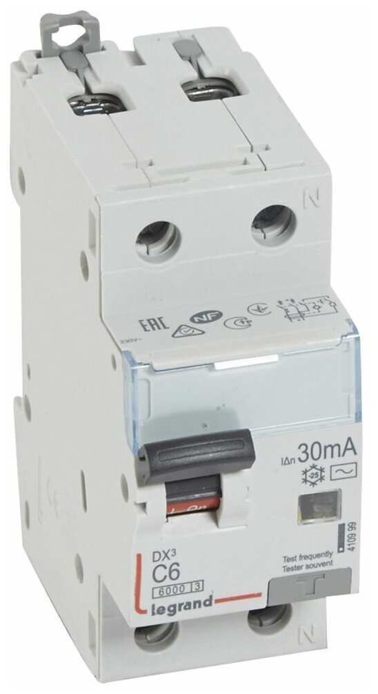 Legrand 410999 DX3 6000 Диффер. автомат 2-х полюсный 6А 30мА 6 kA тип АС