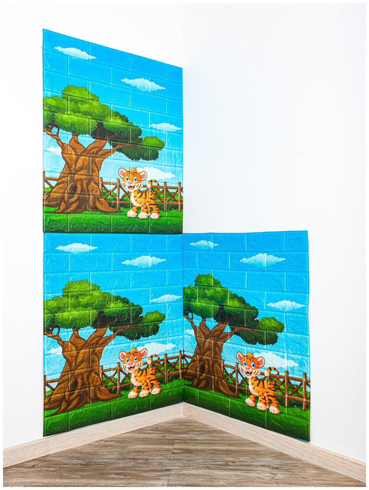 фото Самоклеящиеся обои для стен в детскую, стеновая панель 3D ПВХ Dolleks "Тигренок", самоклеящиеся панели на стену для детей, 10 шт