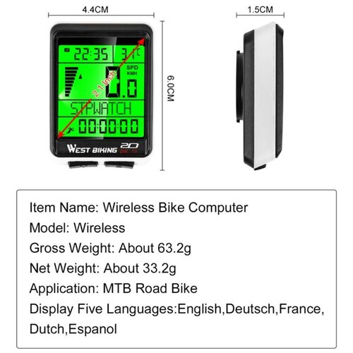 Водонепроницаемый беспроводной многофункциональный велосипедный компьютер с подсветкой WEST BIKING, белый с черным