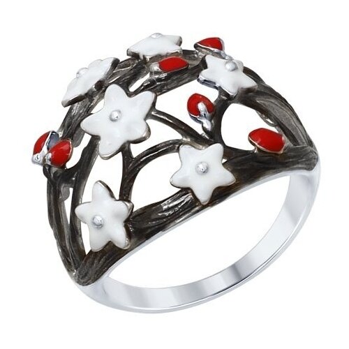 серебряное кольцо с фианитами и белой эмалью sokolov 94011140 размер 19 Кольцо SOKOLOV, серебро, 925 проба, родирование, эмаль, размер 18