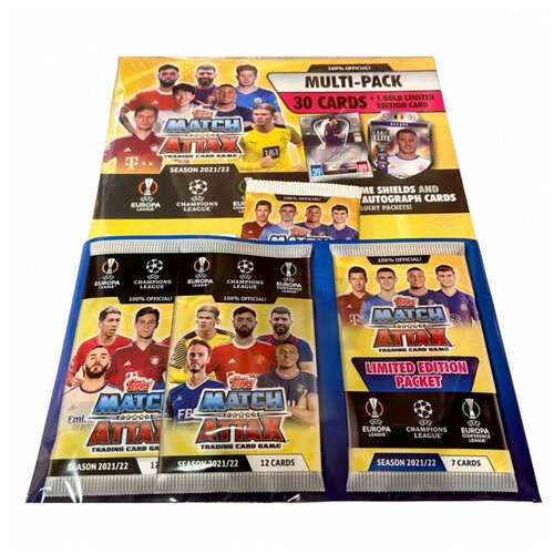 Мультипак футбольных карточек Topps Match Attax Лига Чемпионов УЕФА 2021-2022 (30 шт + 1 золотая лимитированная) / Подарочный набор коллекционных карт