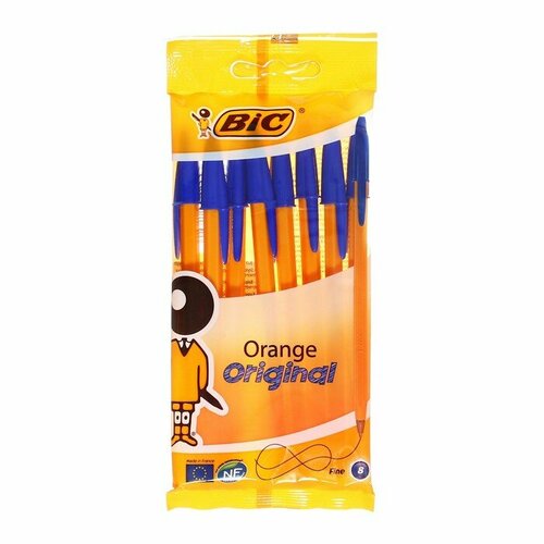 Набор ручек шариковых 8 штук BIC Orange Fine, синие, тонкое письмо, оранжевый корпус