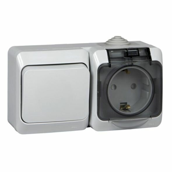 Блок ОП Этюд 1-клавишный выключатель + евророзетка и защитные шторки, IP44, цвет серый SchE BPA16-241C