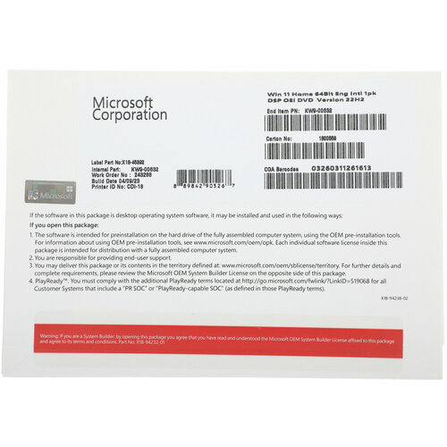 Операционная система Microsoft Windows 11 Home 64Bit Eng Intl 1pk DSP OEI DVD (KW9-00632) пакет легализации microsoft ggk windows home edition sp2 x32 russian legalization dsp ort oei cd 1 license 25c 00001