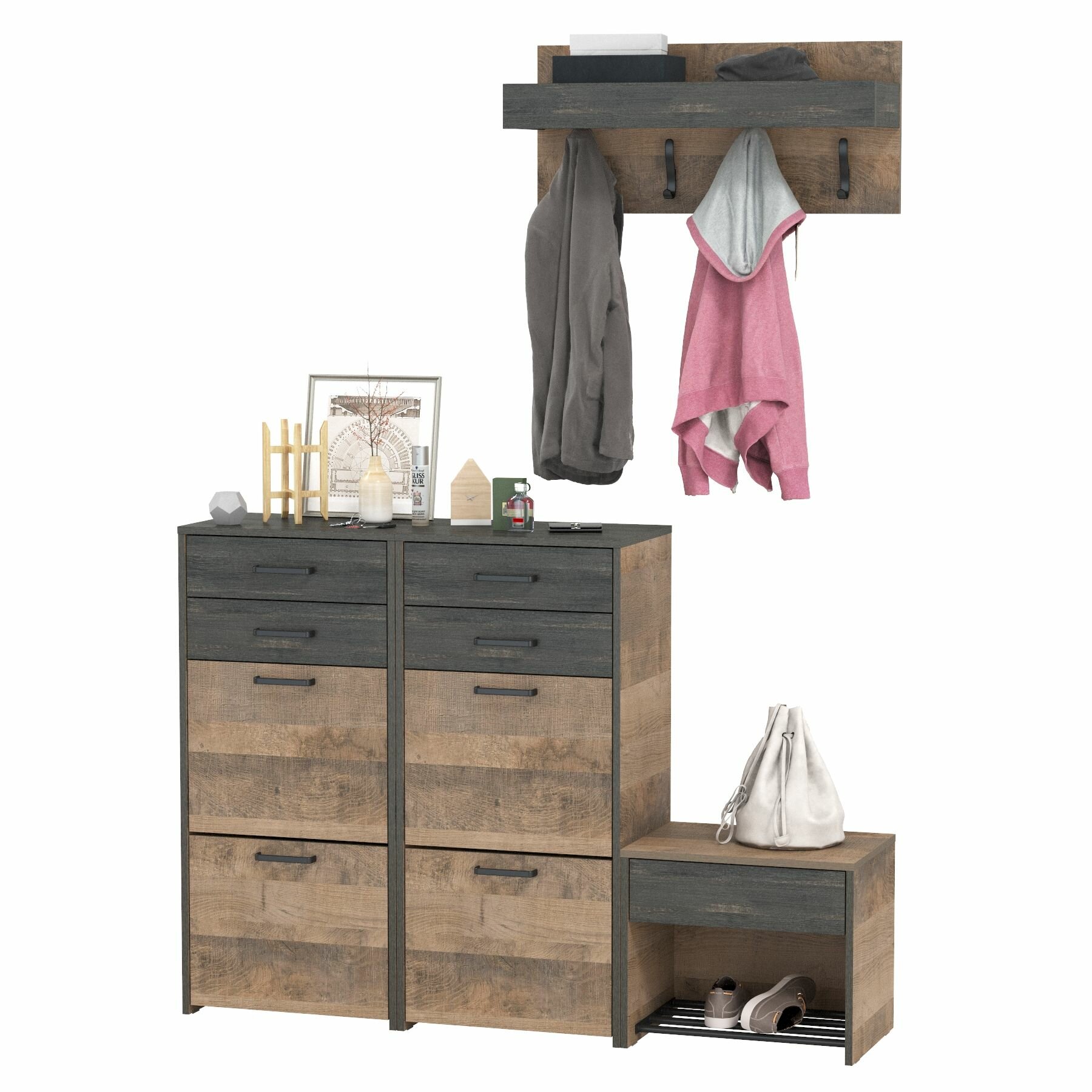фото Мебель в прихожую с тремя обувницами и вешалкой для одежды с полкой Трувор, цвет дуб гранж песочный/интра, ШхГхВ 150х37х195 см, универсальная сборка