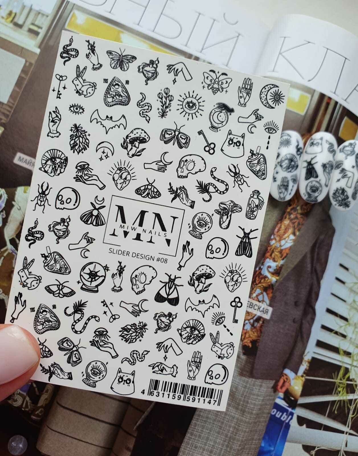 MIW Nails "Слайдеры для ногтей" водные наклейки для дизайна #08 черно-белый символы, магия, колдовство
