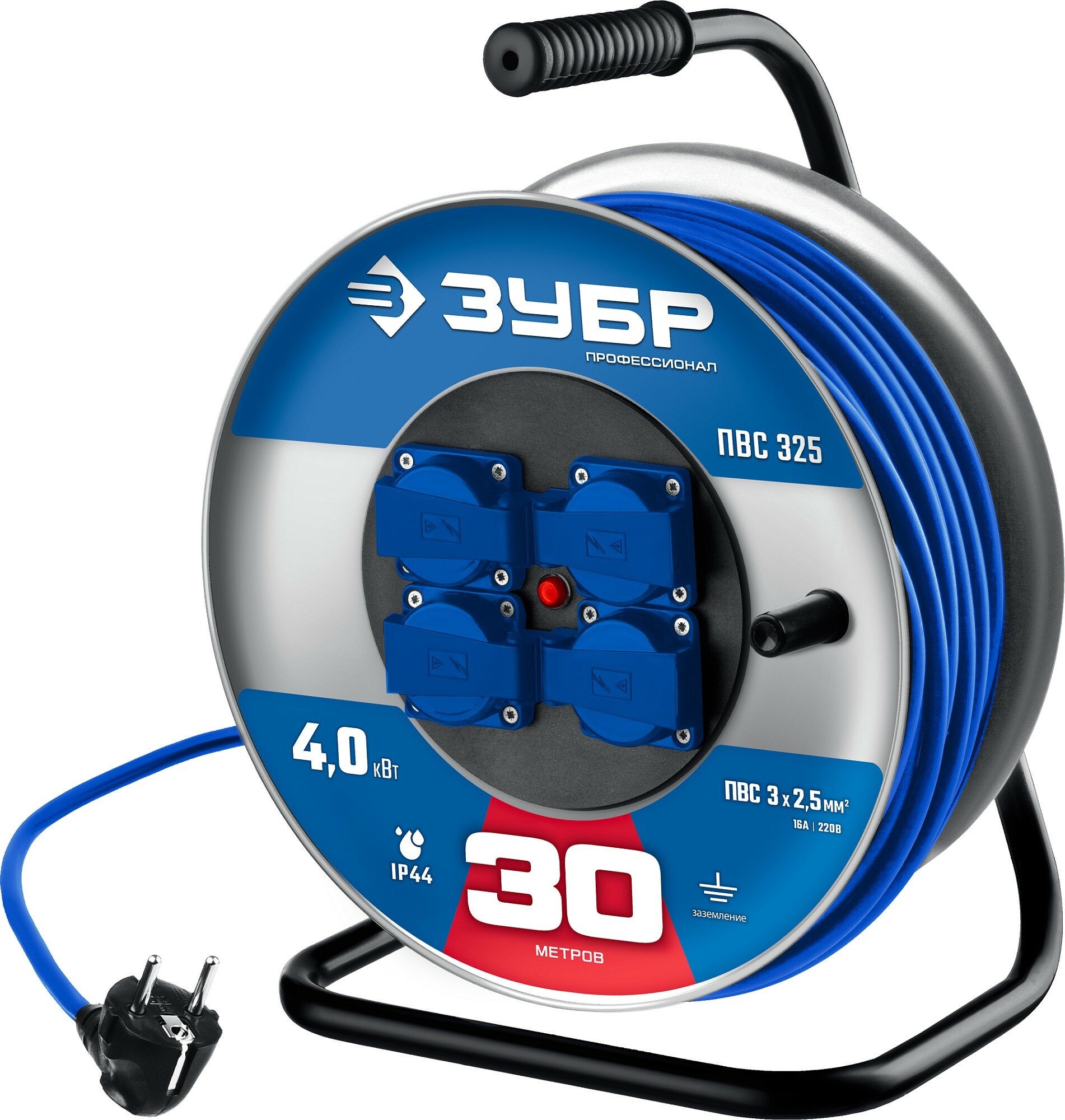 фото ЗУБР ПВС 325 ПВС 3х2.5 30м 4000Вт IP44, Силовой удлинитель на стальной катушке (55102-30)