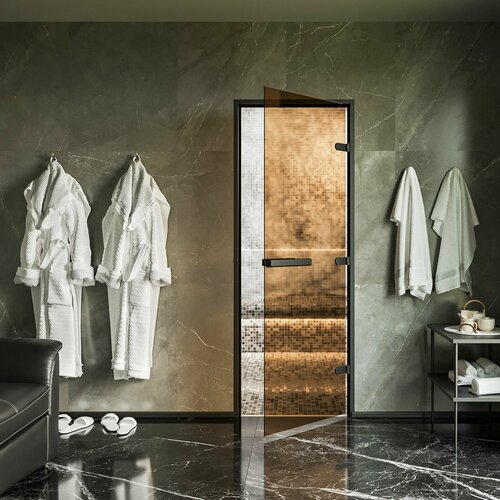 Дверь для хамам и сауны Gratec Estri BK Premium, чёрные короб и фурнитура, бронза прозрачное закаленное стекло 8 мм, правое открывание