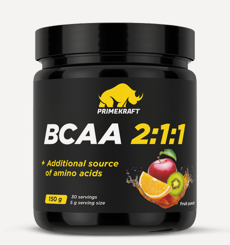 Изображение товара Аминокислоты PRIMEKRAFT BCAA 2:1:1 (БЦАА) со вкусом «Фруктовый пунш» (Fruit punch), банка 150 гр