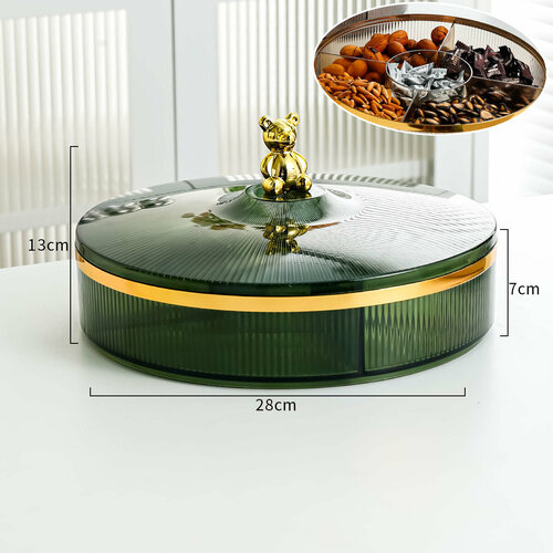 Менажница/конфетница Green Bear круглая с крышкой, 5 секций, для Орехов, сыра, конфет, фруктов, закусок зеленый