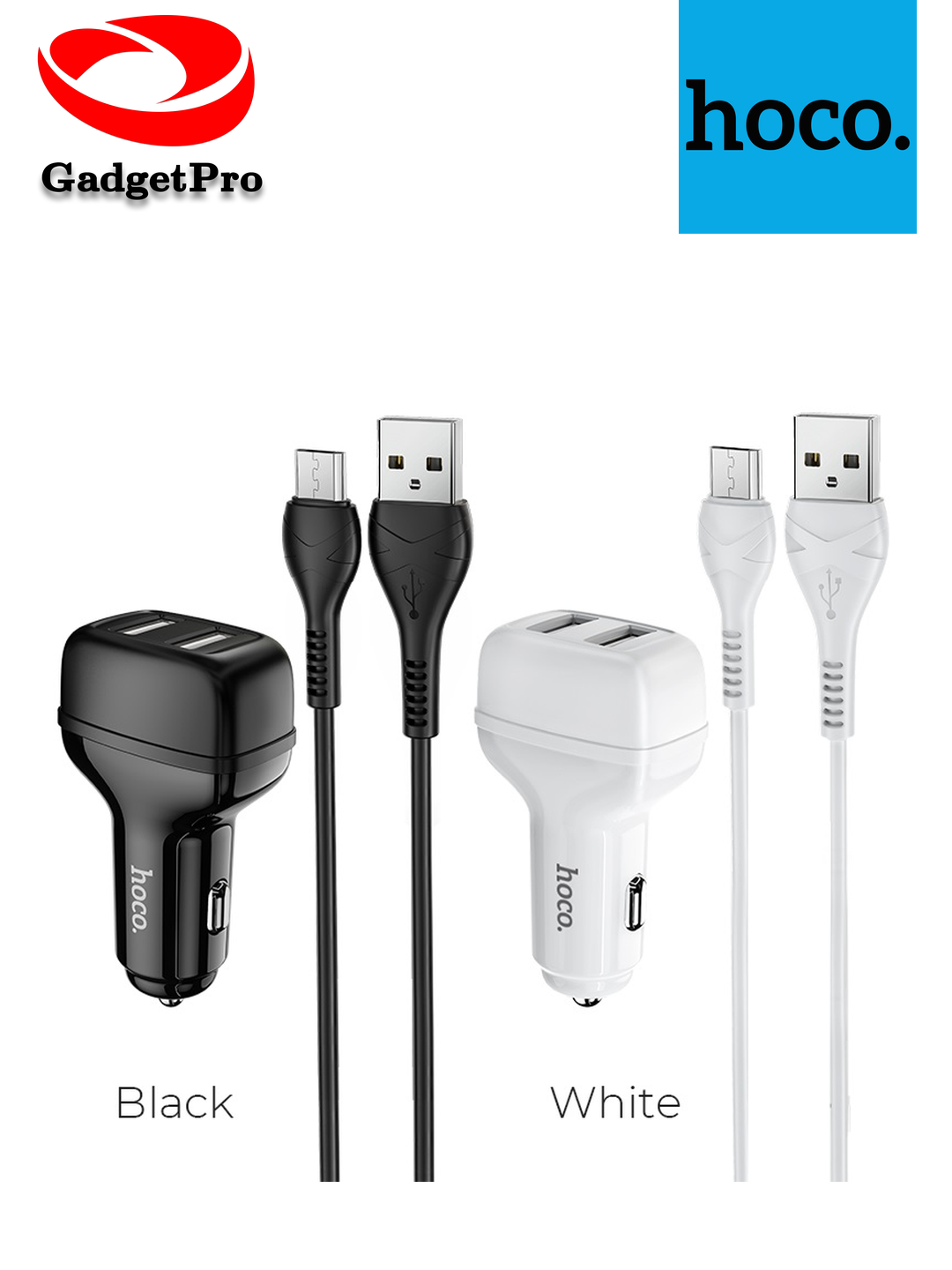 Автомобильное зарядное устройство Hoco Z36, набор с Type-C и Micro USB кабелями, белый корпус, черный цвет.
