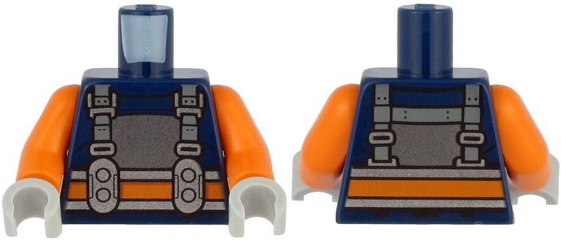 Torso Diving Suit with Silver Chest Plate, Orange and Silver Belt and Harness with Buckles Pattern / Orange Arms / Light Bluish Gray Hands, 973pb3901c01 Dark Blue U