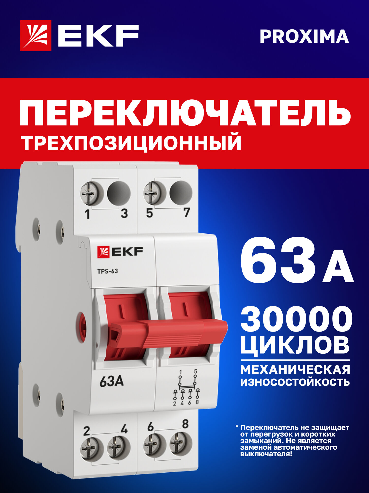 Трехпозиционный переключатель 63А EKF PROXIMA ТПС-63 двухполюсный 2P модульный - реверсивный рубильник для ввода резерва