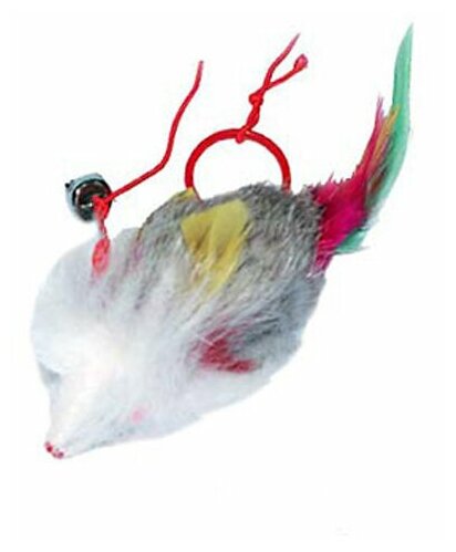 Игрушка Котенок мех Мышь длинный МЕХ С перьями, на резинке 9 см HWT031