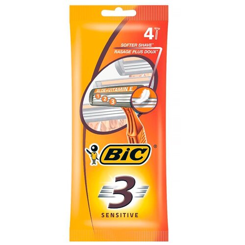 бритва мужская bic sensitive 3 одноразовая три лезвия Одноразовый бритвенный станок BIC 3 Sensitive, оранжевый, 4 шт.
